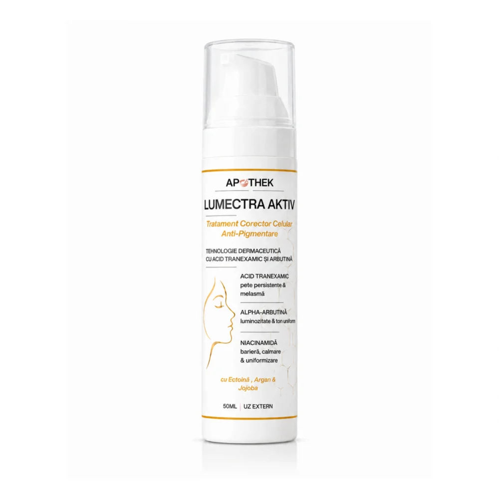 alt= Flacon airless LUMECTRA AKTIV, cremă depigmentare cu acid tranexamic și arbutină, 50 ml