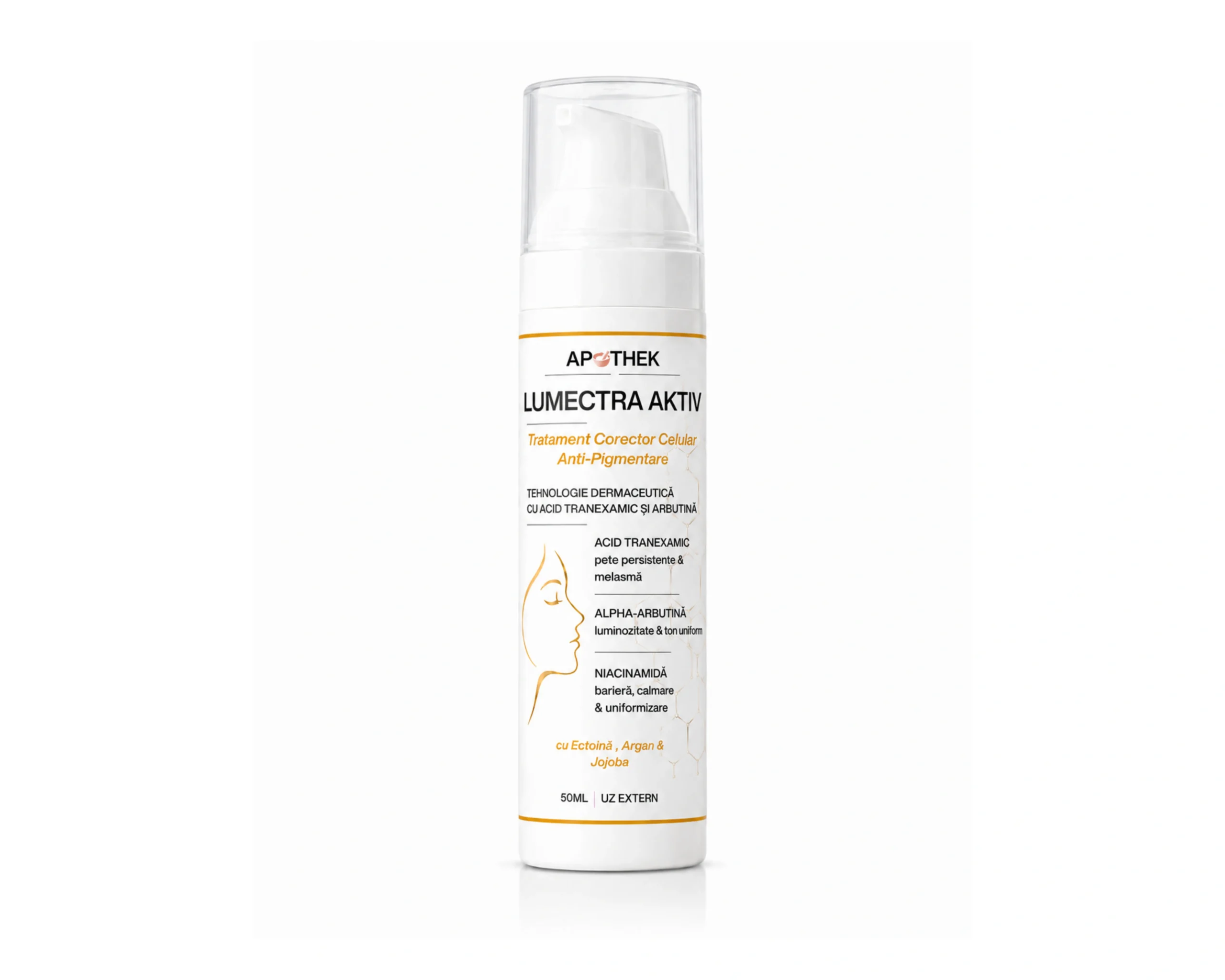 img src= crema-depigmentare-lumectra-aktiv-flacon-50ml.webp alt= Flacon airless LUMECTRA AKTIV, cremă depigmentare cu acid tranexamic și arbutină, 50 ml