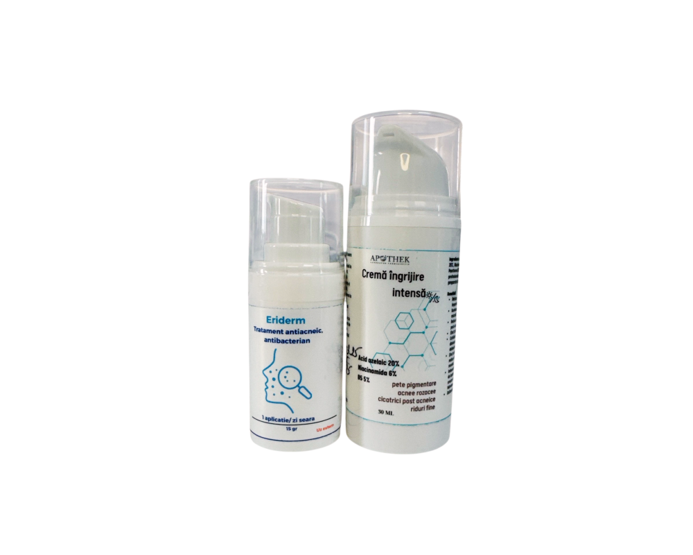 alt= Tratament complex antiacnee Eriderm și Crema Îngrijire Intensă Apothek – faza acută