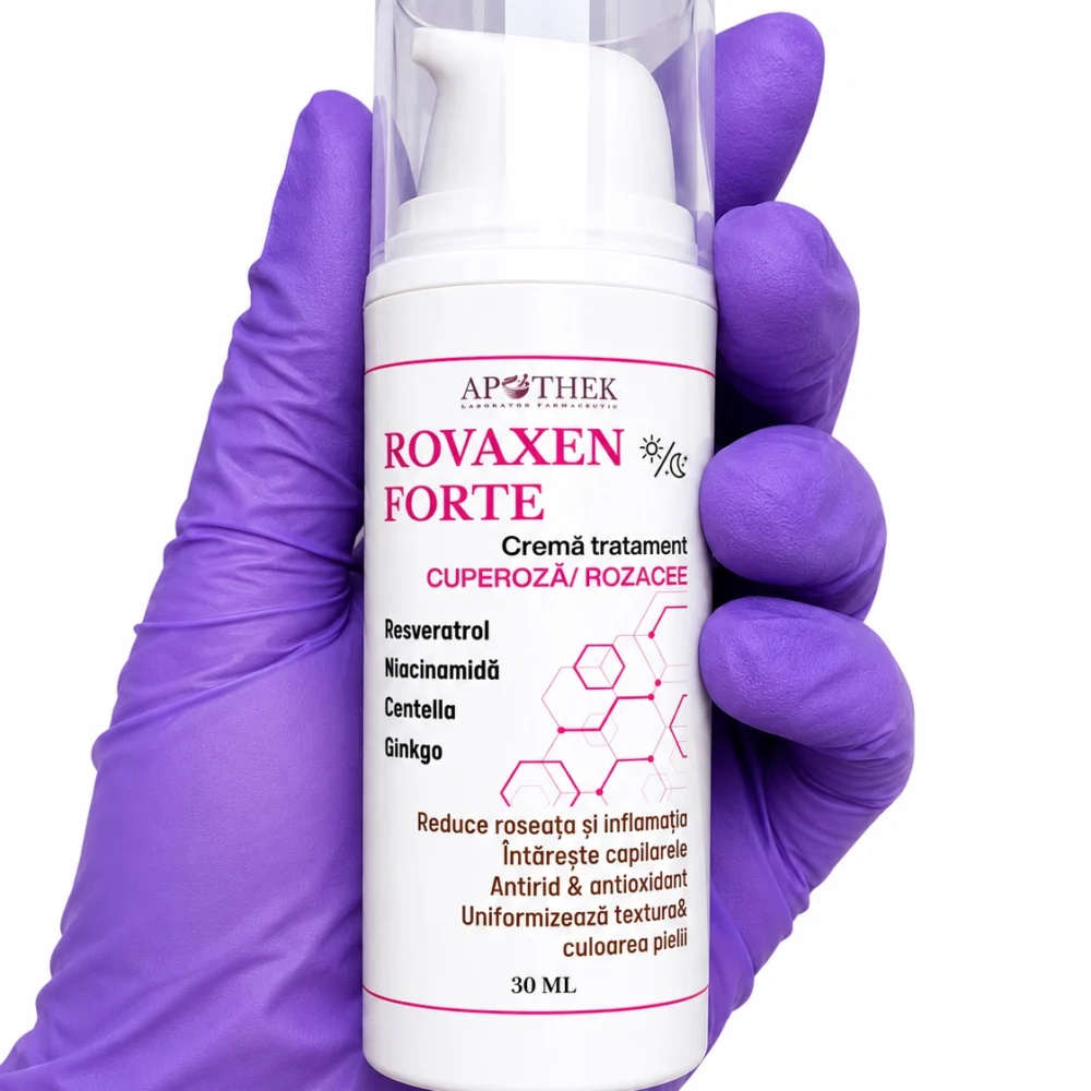 alt= Cremă cuperoză preparată în laborator farmaceutic, Rovaxen Forte Apothek pentru ten sensibil și roșeață