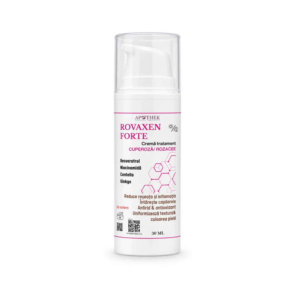 alt= Cremă cuperoză și rozacee Rovaxen Forte Apothek 30 ml, produs dermato-cosmetic pentru ten cu roșeață și capilare fragile