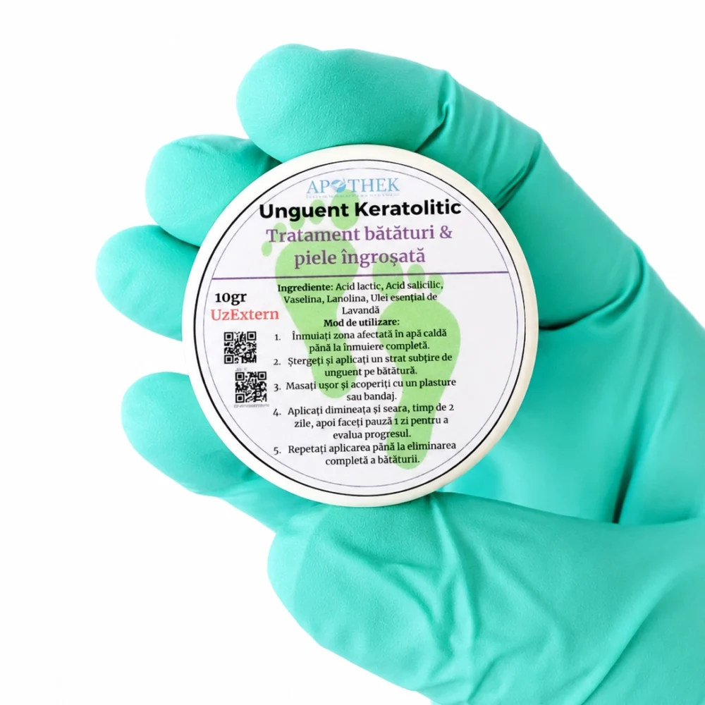 alt= Unguent pentru bătături cu acid salicilic și ulei de lavandă, cutie 10g