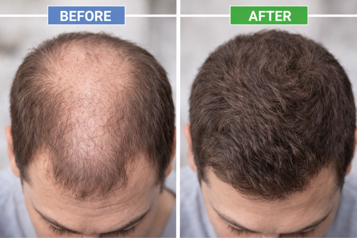 alt= alopecie androgenetică înainte și după tratament scalp bărbați