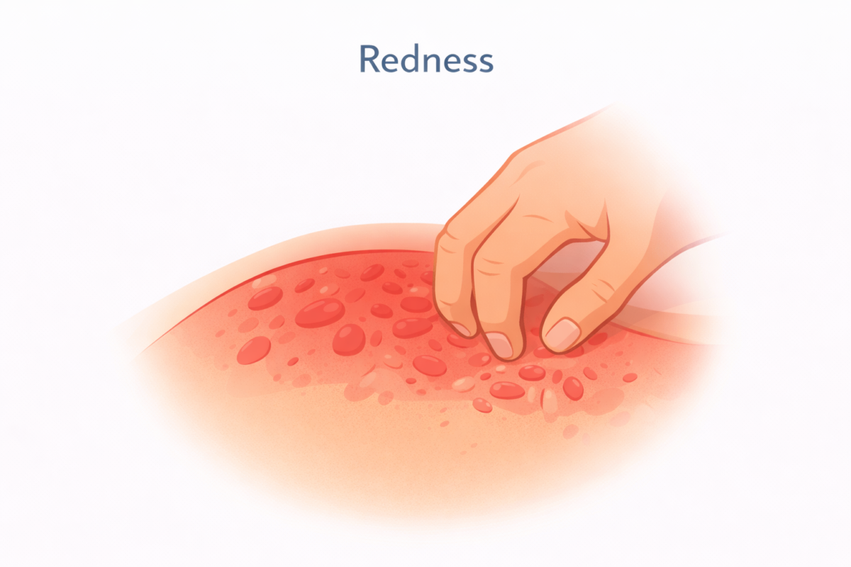 Mâncărime în zona intimă: cauze frecvente, simptome și soluții 2 alt= Roșeață a pielii în zona intimă – simptom frecvent al mâncărimii genitale