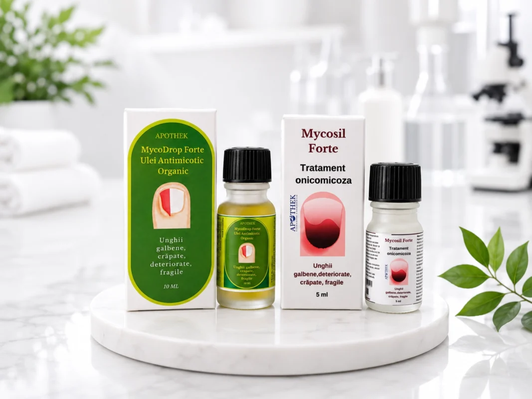 Cum scapi definitiv de ciuperca unghiei — protocol farmaceutic Apothek cu MycoDrop și Mycosil Forte
