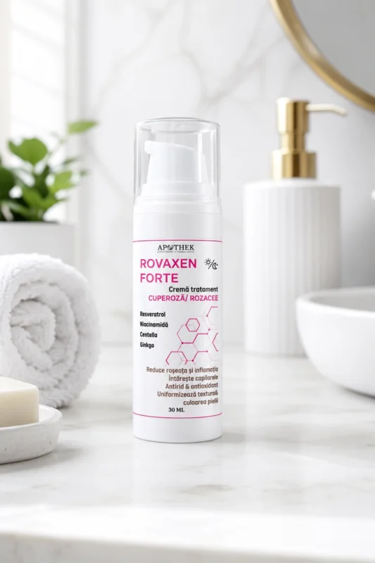 Cremă pentru Cuperoză și Rozacee Rovaxen Forte – Reduce Roșeața și Capilarele Vizibile, Antirid | Apothek 1 Cremă cuperoză Rovaxen Forte pe raft farmaceutic, tratament cosmetic pentru ten cu roșeață