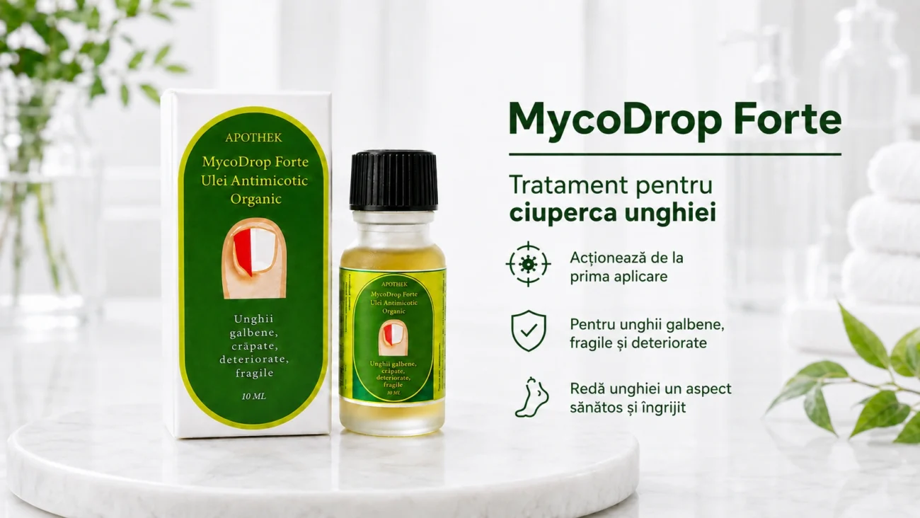 Cel Mai Bun Tratament pentru Ciuperca Piciorului și a Unghiei: Cremă, Ulei sau Soluție? 4 MycoDrop Forte, ulei antimicotic organic aplicat pe unghia afectată