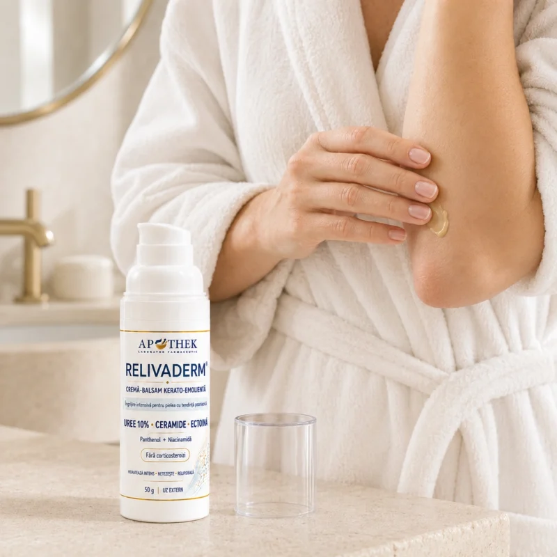 RELIVADERM – Calmează Plăcile și Descuamarea, Zi de Zi, fără Cortizon 1 Cremă pentru psoriazis aplicată pe plăcile de pe coate și genunchi